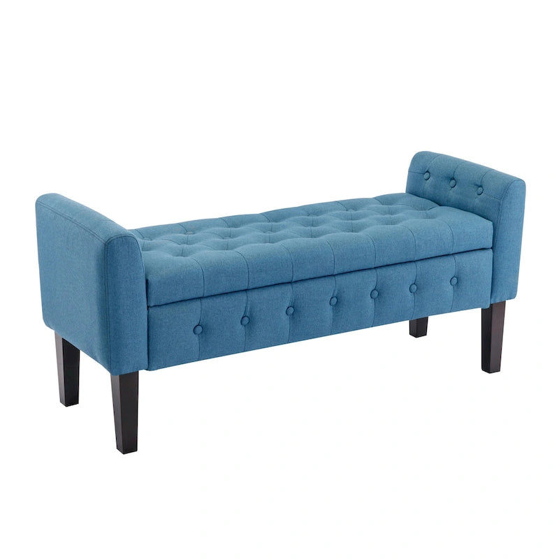 Banc de rangement ottoman en tissu avec couvercle rabattable et pieds en bois d'hévéa
