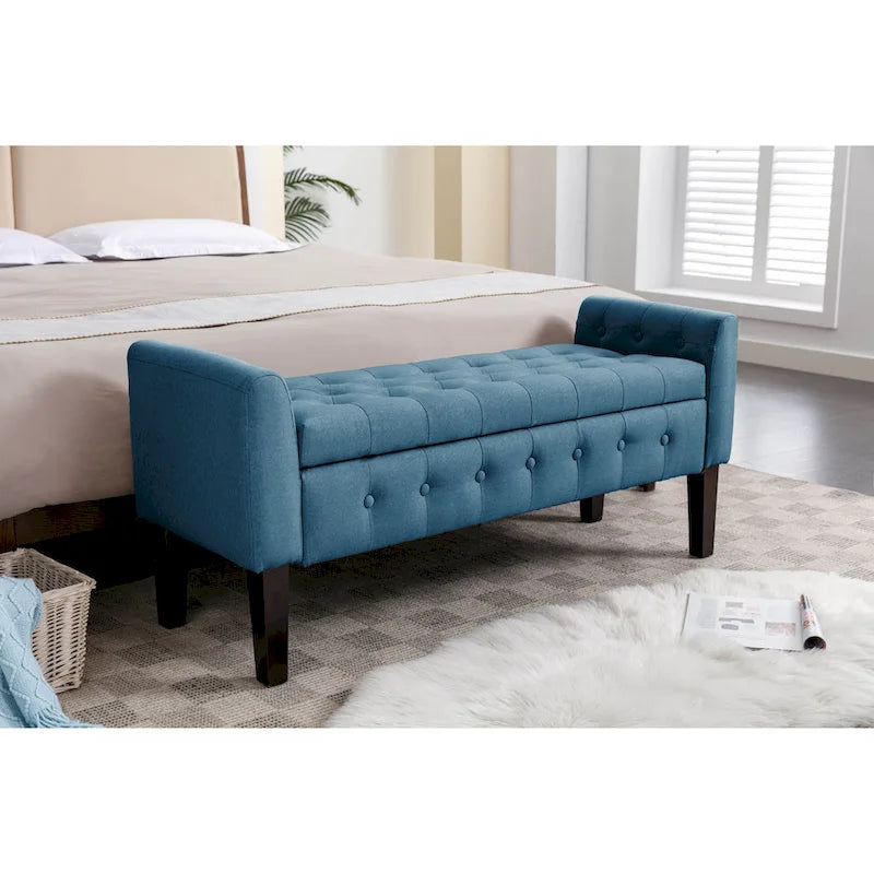 Banc de rangement ottoman en tissu avec couvercle rabattable et pieds en bois d'hévéa
