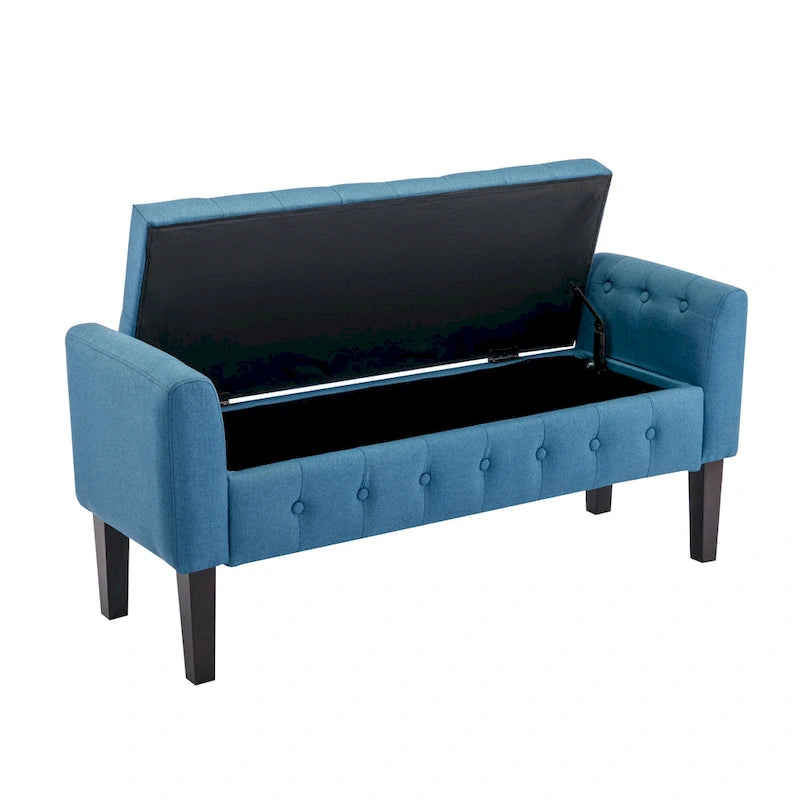 Banc de rangement ottoman en tissu avec couvercle rabattable et pieds en bois d'hévéa
