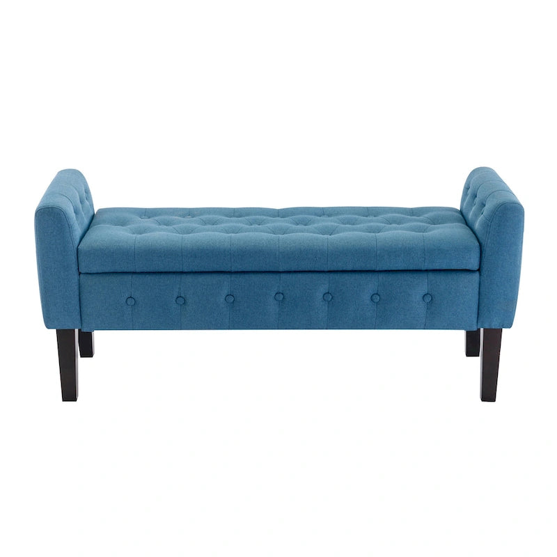 Banc de rangement ottoman en tissu avec couvercle rabattable et pieds en bois d'hévéa