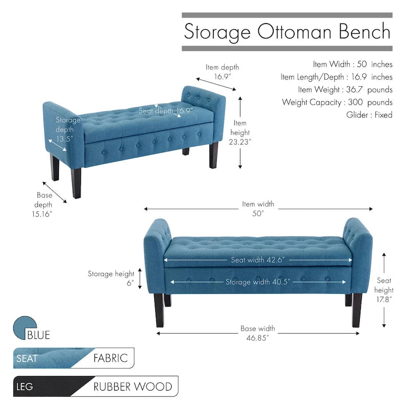 Banc de rangement ottoman en tissu avec couvercle rabattable et pieds en bois d'hévéa