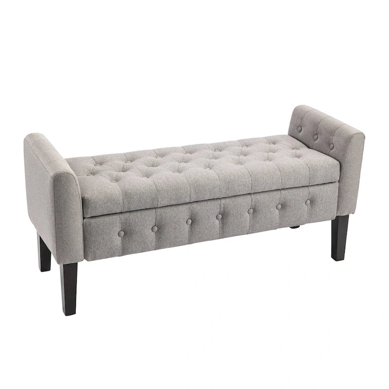 Banc de rangement ottoman en tissu avec couvercle rabattable et pieds en bois d'hévéa