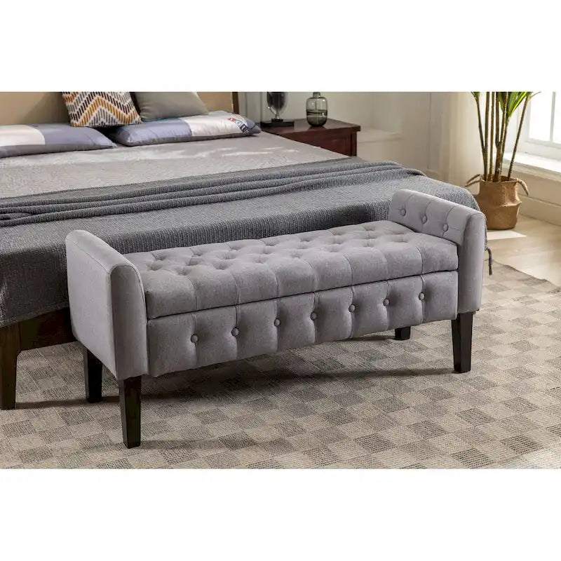 Banc de rangement ottoman en tissu avec couvercle rabattable et pieds en bois d'hévéa
