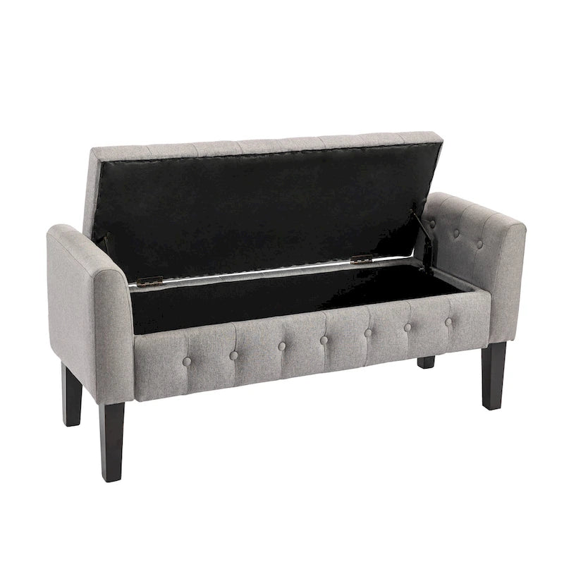 Banc de rangement ottoman en tissu avec couvercle rabattable et pieds en bois d'hévéa