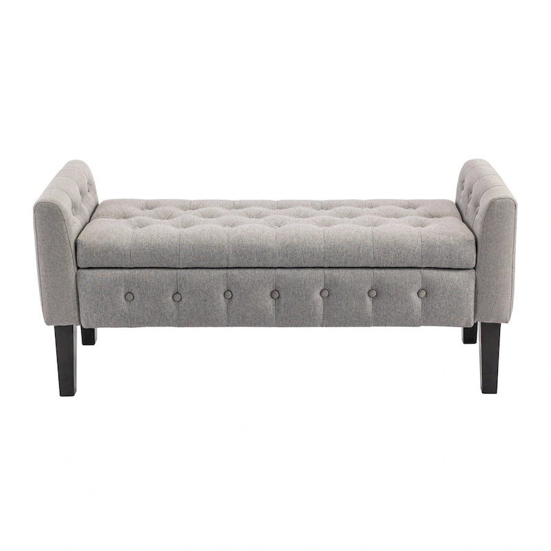 Banc de rangement ottoman en tissu avec couvercle rabattable et pieds en bois d'hévéa