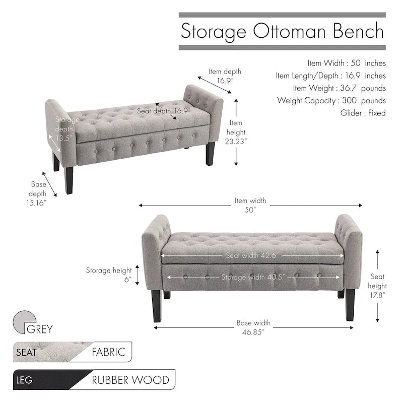 Banc de rangement ottoman en tissu avec couvercle rabattable et pieds en bois d'hévéa
