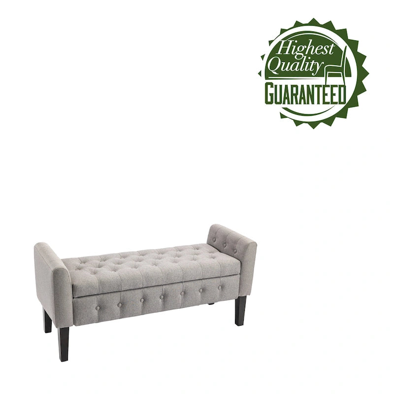 Banc de rangement ottoman en tissu avec couvercle rabattable et pieds en bois d'hévéa