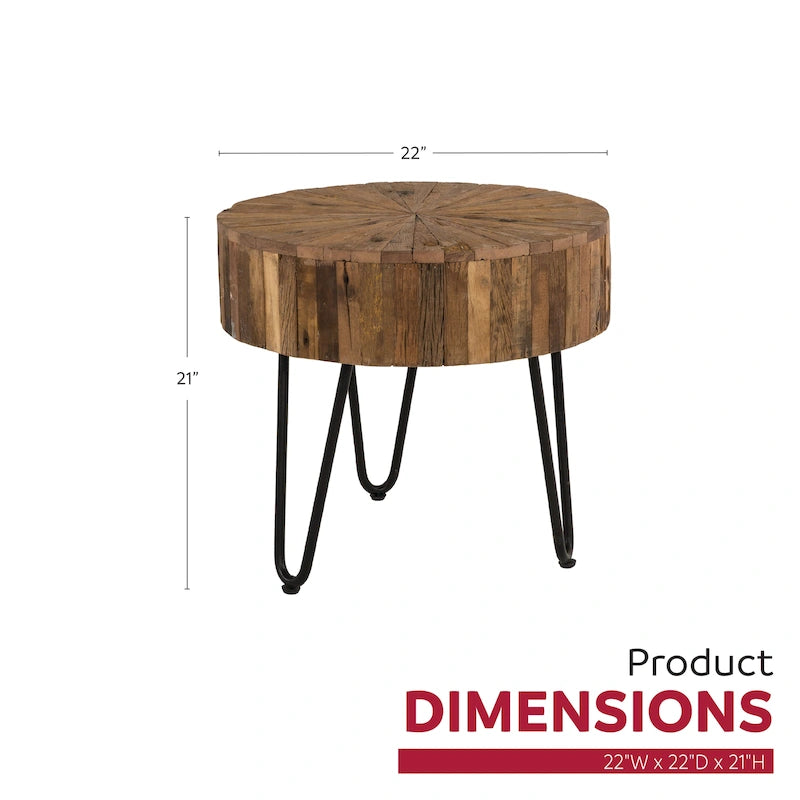 Table d'appoint ronde de 22 po en bois recyclé avec pieds épingles en métal noir