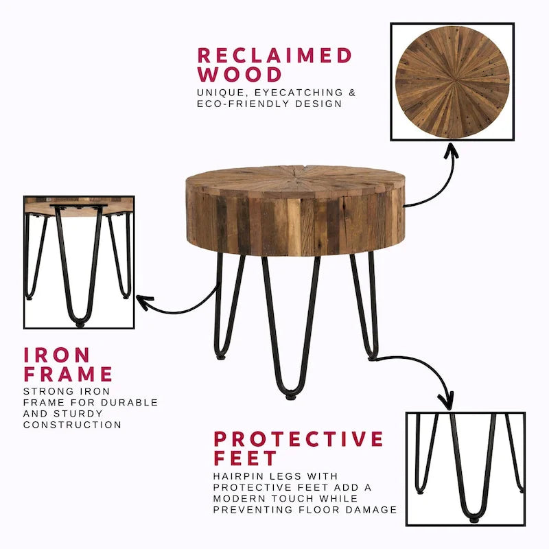 Table d'appoint ronde de 22 po en bois recyclé avec pieds épingles en métal noir