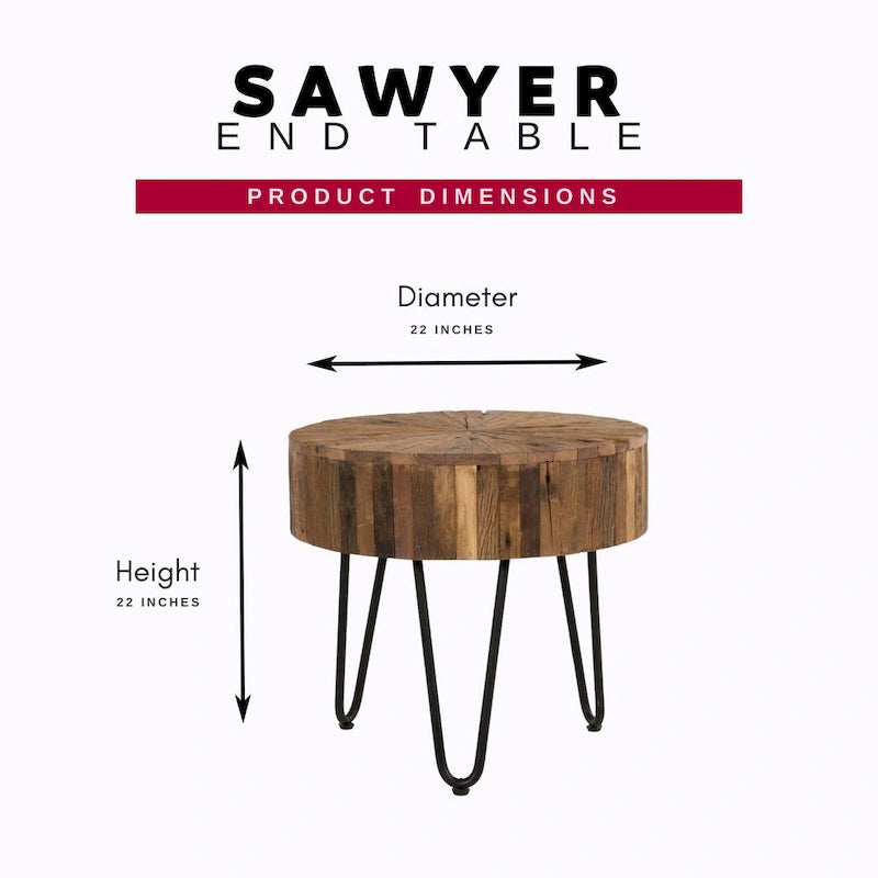 Table d'appoint ronde de 22 po en bois recyclé avec pieds épingles en métal noir