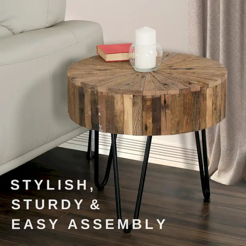 Table d'appoint ronde de 22 po en bois recyclé avec pieds épingles en métal noir