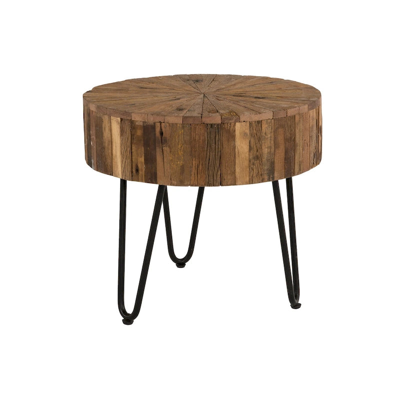 Table d'appoint ronde de 22 po en bois recyclé avec pieds épingles en métal noir