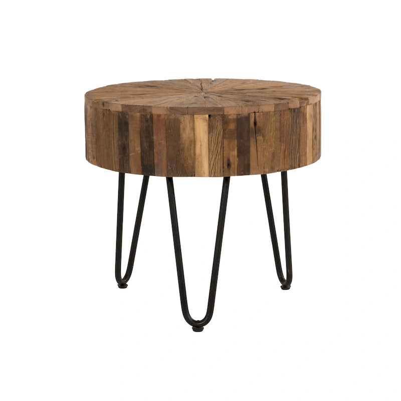 Table d'appoint ronde de 22 po en bois recyclé avec pieds épingles en métal noir