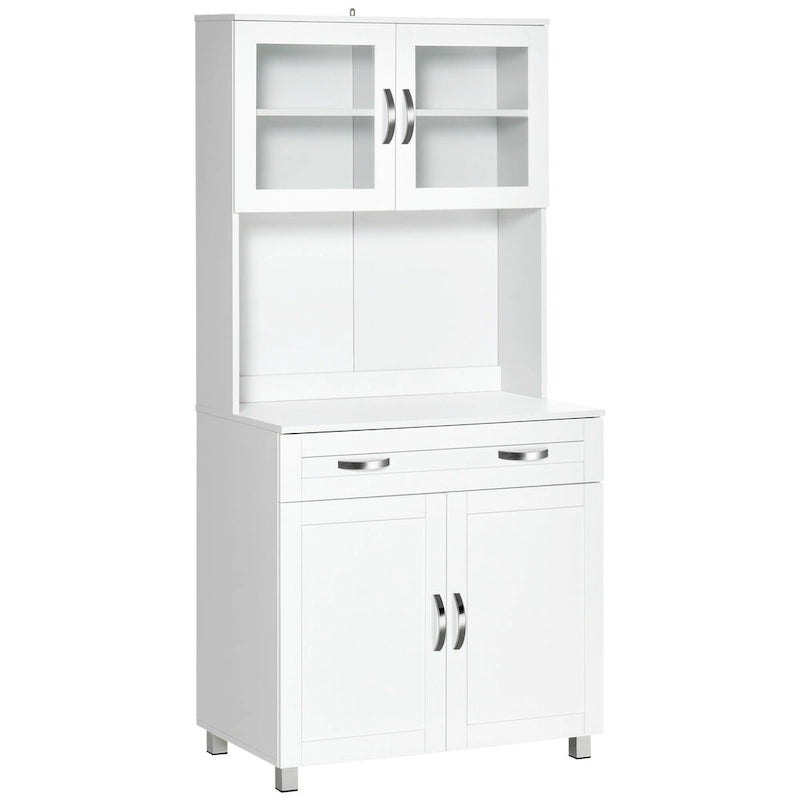 Garde-manger de cuisine moderne avec buffet, placard avec portes vitrées encadrées et étagères, blanc