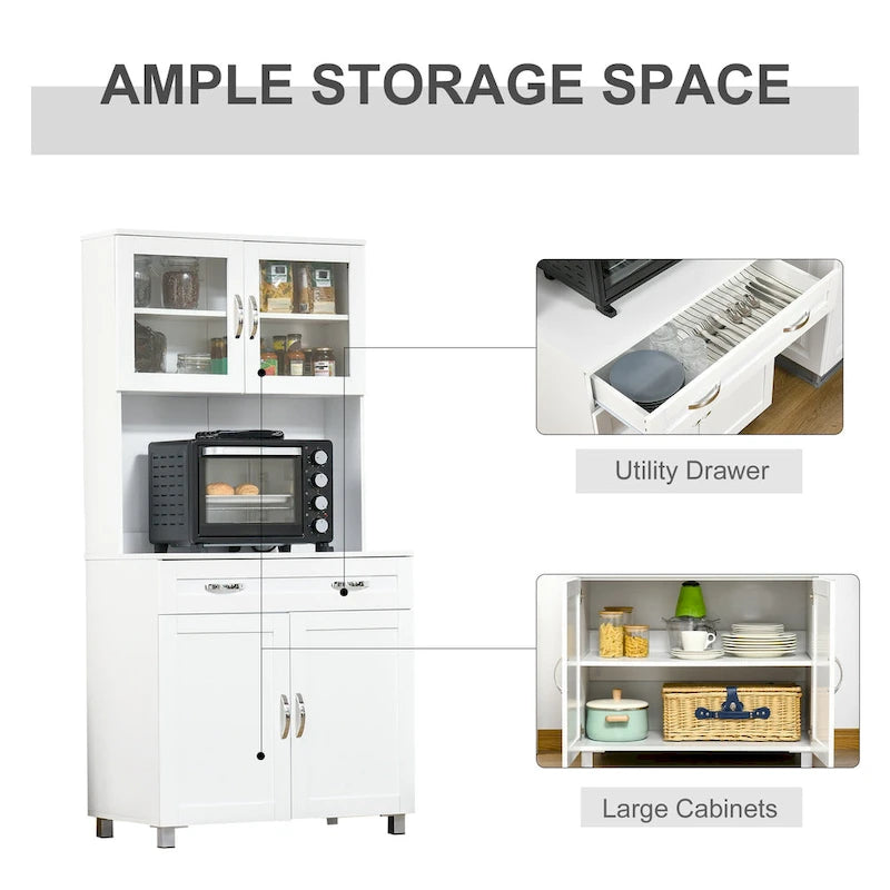 Garde-manger de cuisine moderne avec buffet, placard avec portes vitrées encadrées et étagères, blanc