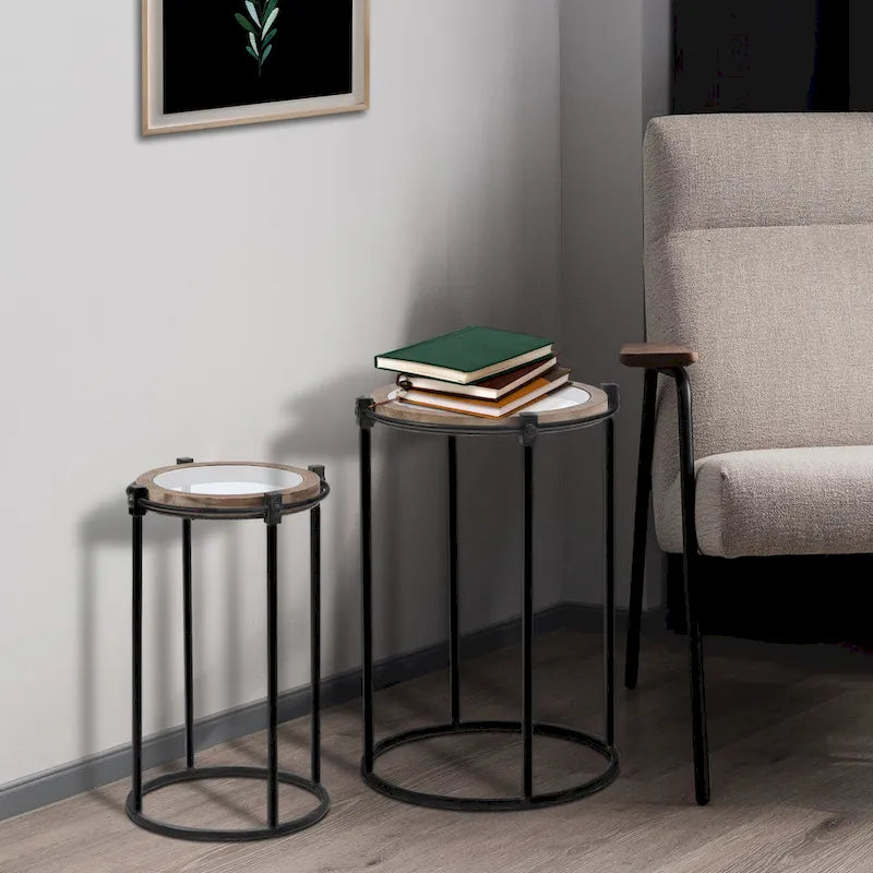 Table d'appoint ronde en métal et verre (Lot de 2)
