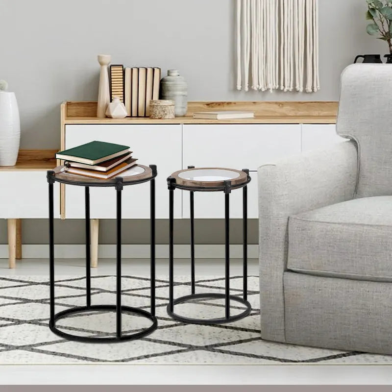 Table d'appoint ronde en métal et verre (Lot de 2)