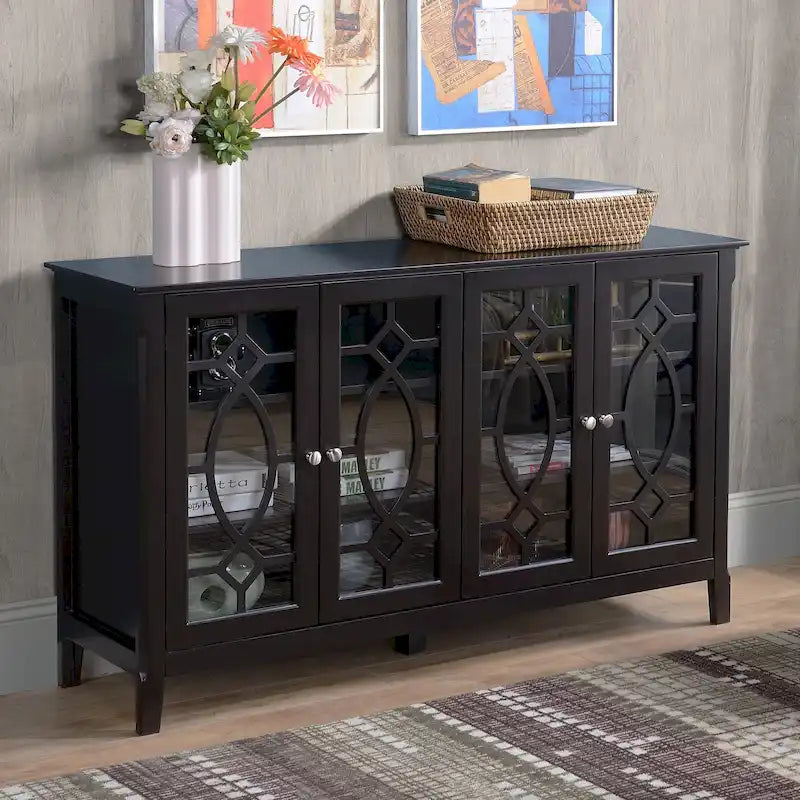 Buffet/Vaisselier avec 4 portes vitrées encadrées et étagères réglables – 137cm (L) x 39cm (P) x 81cm (H)