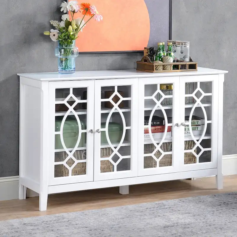 Buffet/Vaisselier avec 4 portes vitrées encadrées et étagères réglables – 137cm (L) x 39cm (P) x 81cm (H)