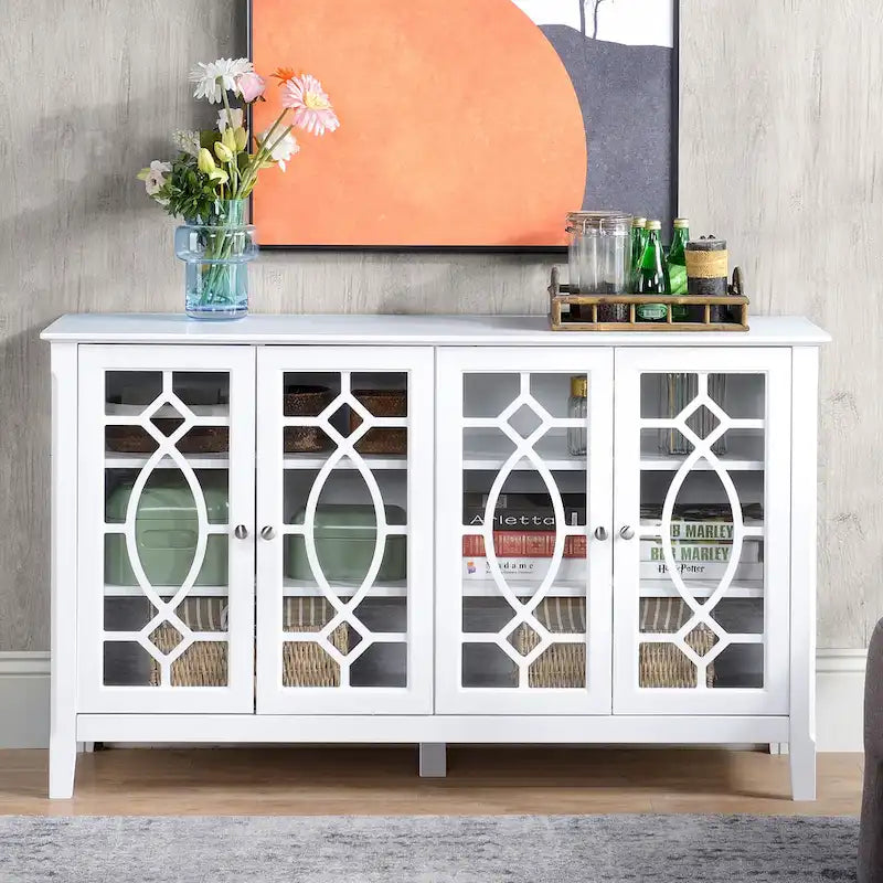 Buffet/Vaisselier avec 4 portes vitrées encadrées et étagères réglables – 137cm (L) x 39cm (P) x 81cm (H)