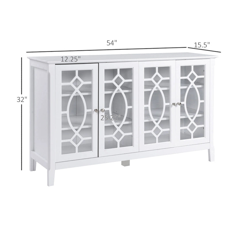 Buffet/Vaisselier avec 4 portes vitrées encadrées et étagères réglables – 137cm (L) x 39cm (P) x 81cm (H)