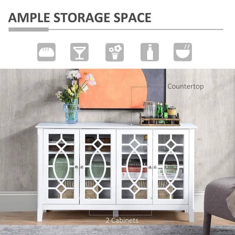 Buffet/Vaisselier avec 4 portes vitrées encadrées et étagères réglables – 137cm (L) x 39cm (P) x 81cm (H)