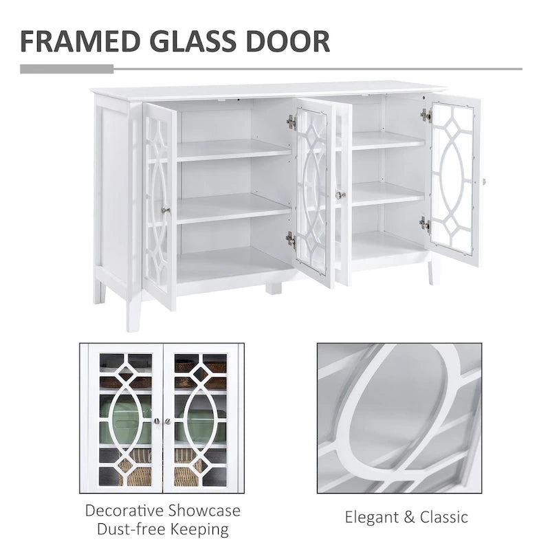 Buffet/Vaisselier avec 4 portes vitrées encadrées et étagères réglables – 137cm (L) x 39cm (P) x 81cm (H)