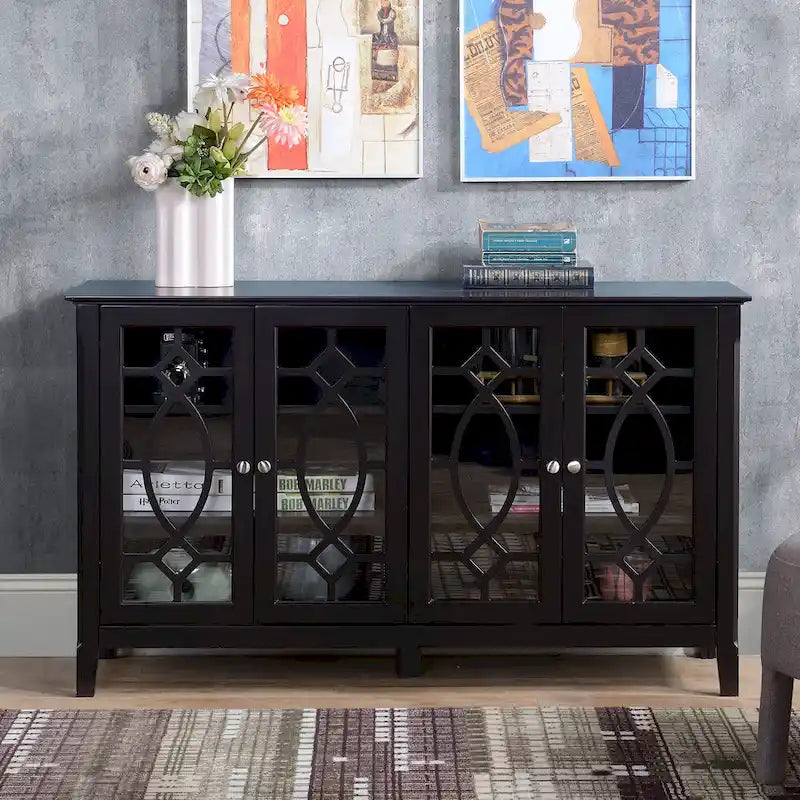Buffet/Vaisselier avec 4 portes vitrées encadrées et étagères réglables – 137cm (L) x 39cm (P) x 81cm (H)