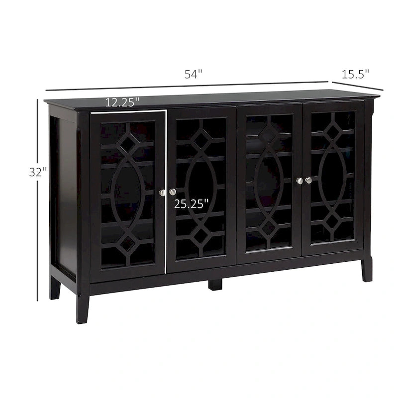 Buffet/Vaisselier avec 4 portes vitrées encadrées et étagères réglables – 137cm (L) x 39cm (P) x 81cm (H)