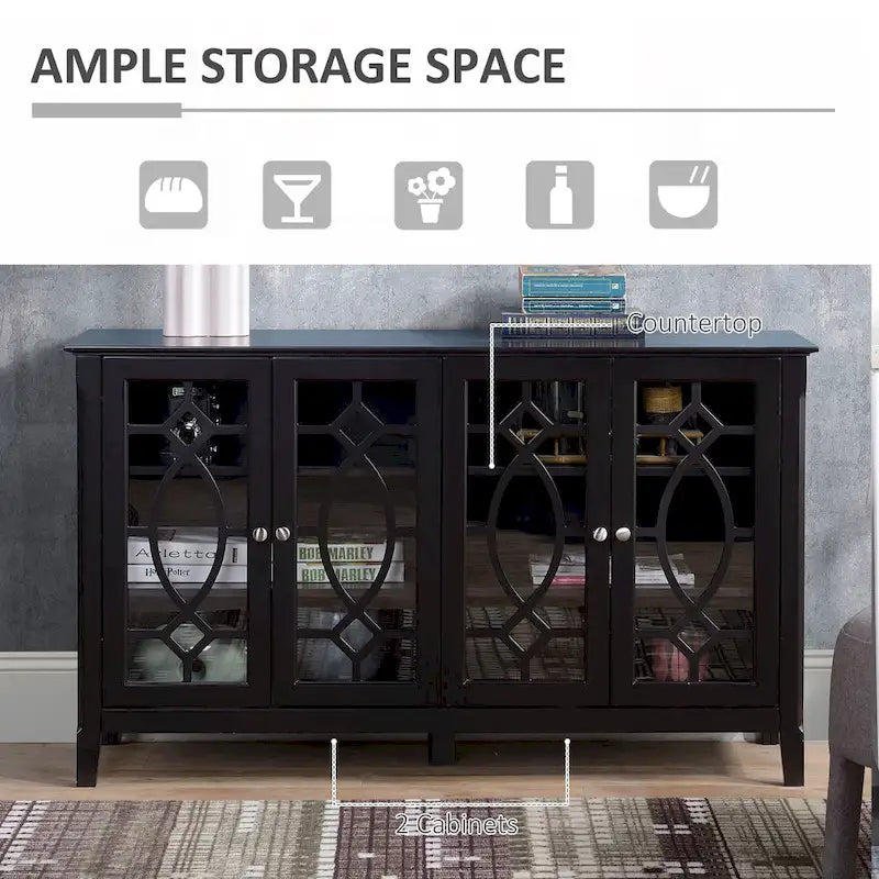 Buffet/Vaisselier avec 4 portes vitrées encadrées et étagères réglables – 137cm (L) x 39cm (P) x 81cm (H)