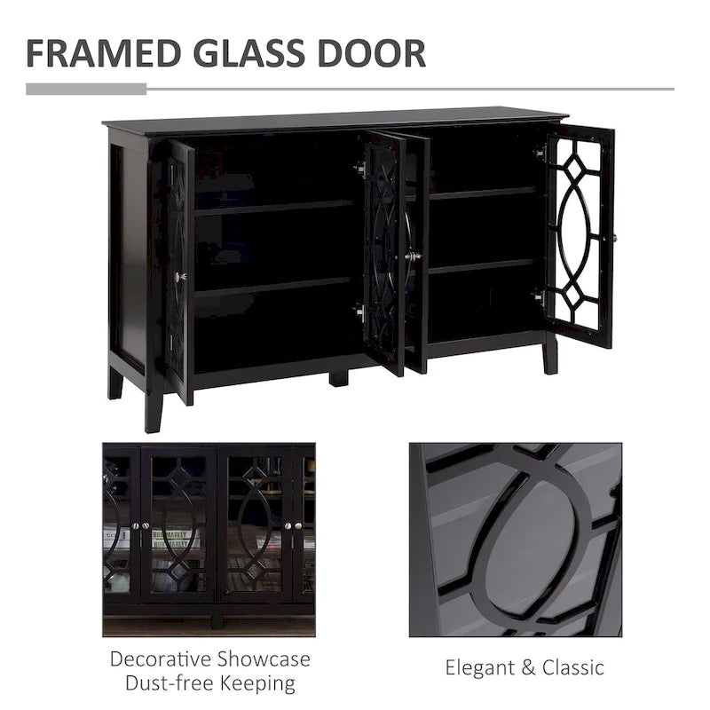 Buffet/Vaisselier avec 4 portes vitrées encadrées et étagères réglables – 137cm (L) x 39cm (P) x 81cm (H)