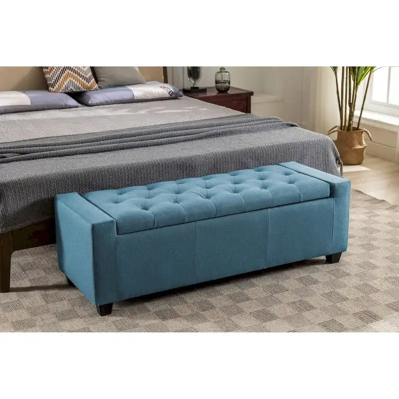 Banc coffre de rangement capitonné en tissu avec couvercle rabattable
