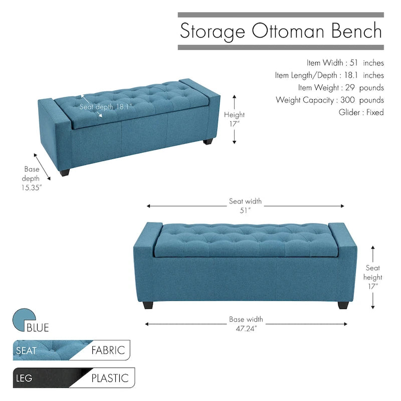 Banc coffre de rangement capitonné en tissu avec couvercle rabattable