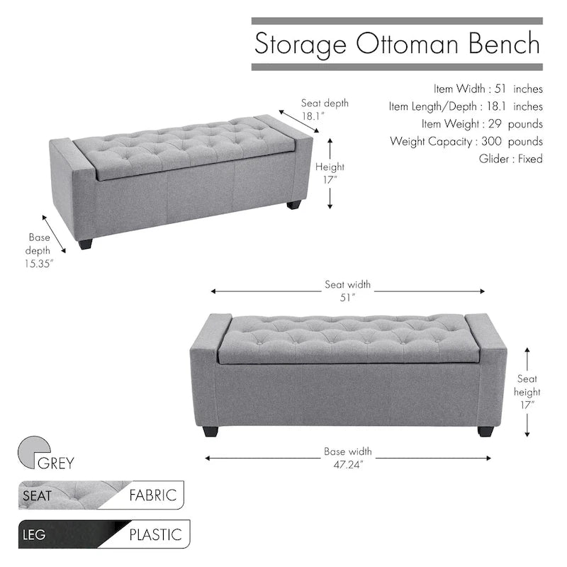 Banc coffre de rangement capitonné en tissu avec couvercle rabattable