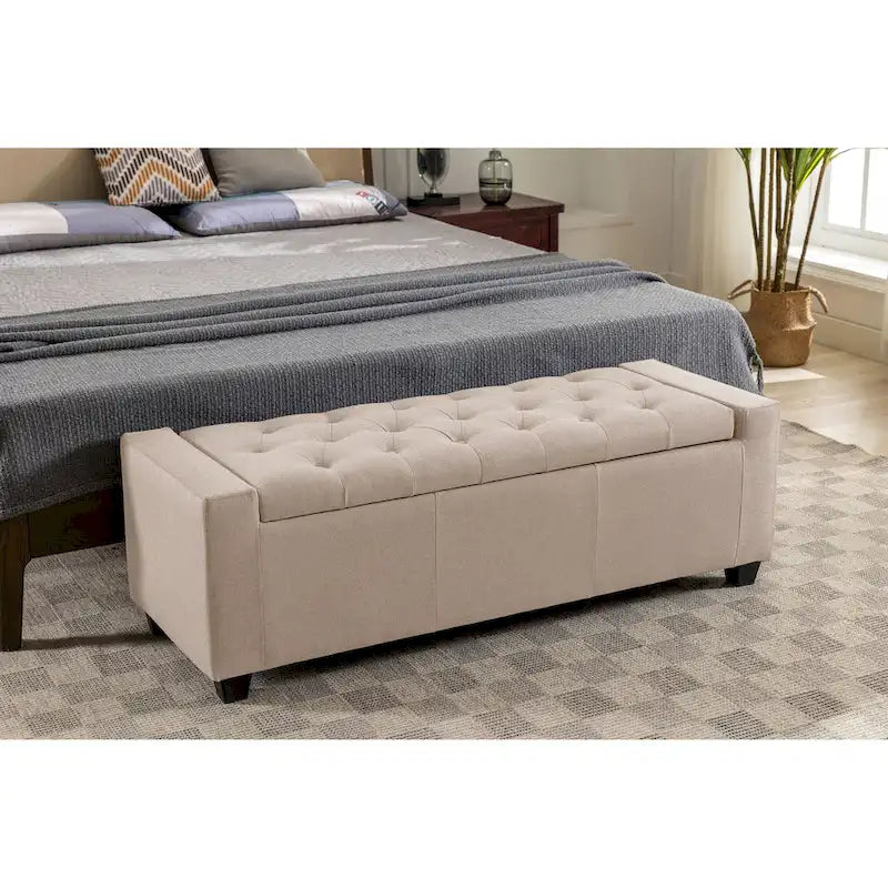 Banc coffre de rangement capitonné en tissu avec couvercle rabattable