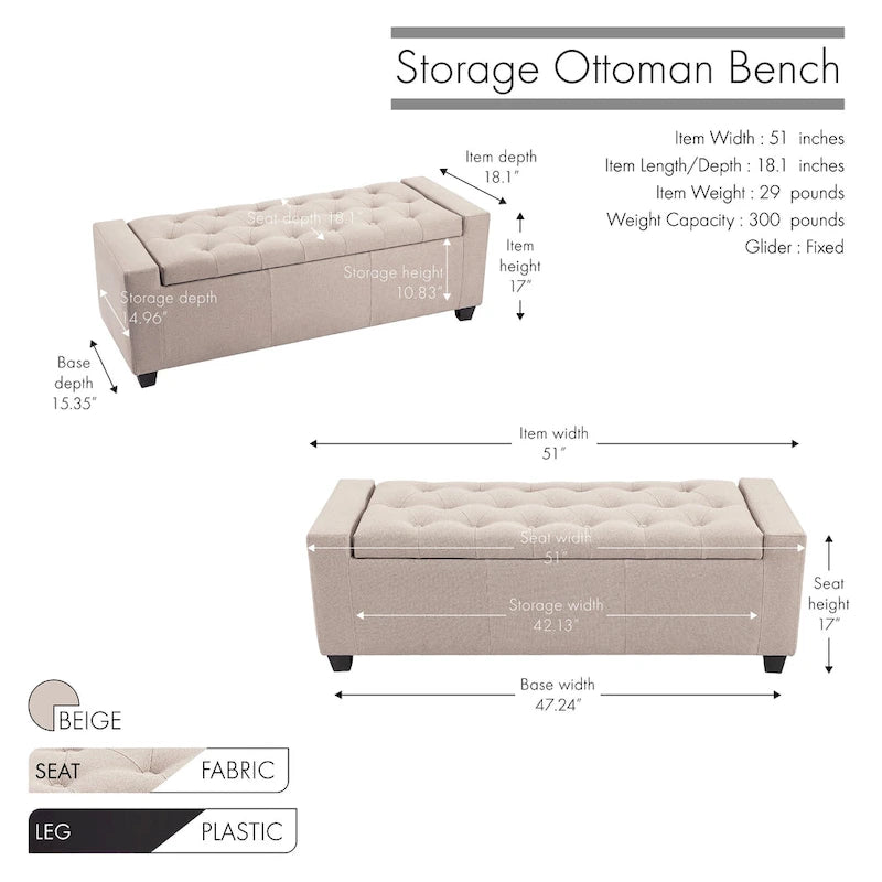 Banc coffre de rangement capitonné en tissu avec couvercle rabattable
