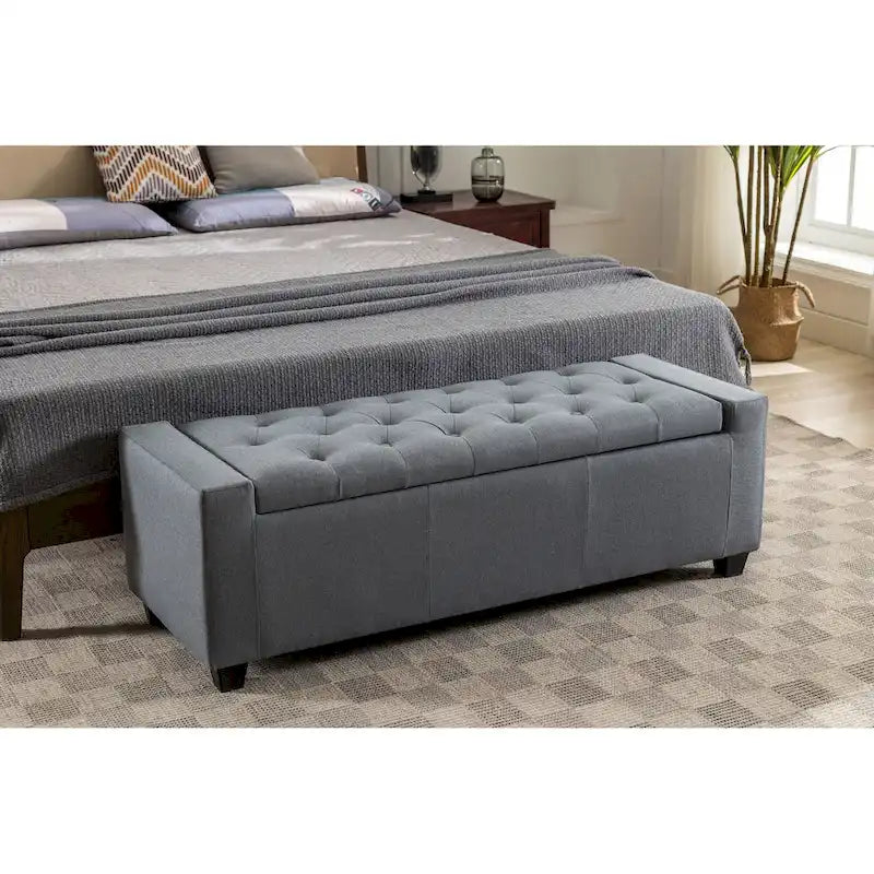 Banc coffre de rangement capitonné en tissu avec couvercle rabattable