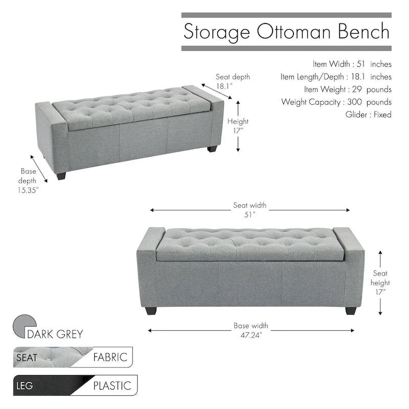 Banc coffre de rangement capitonné en tissu avec couvercle rabattable