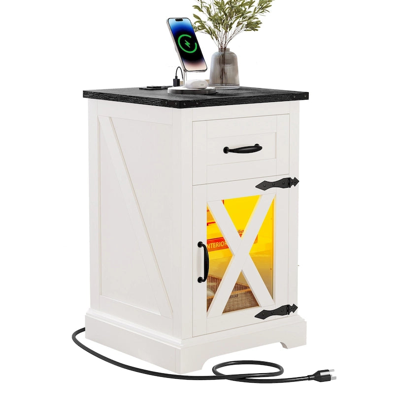 Table d'appoint LED avec étagère et tiroir, table de chevet avec station de recharge et prise de courant