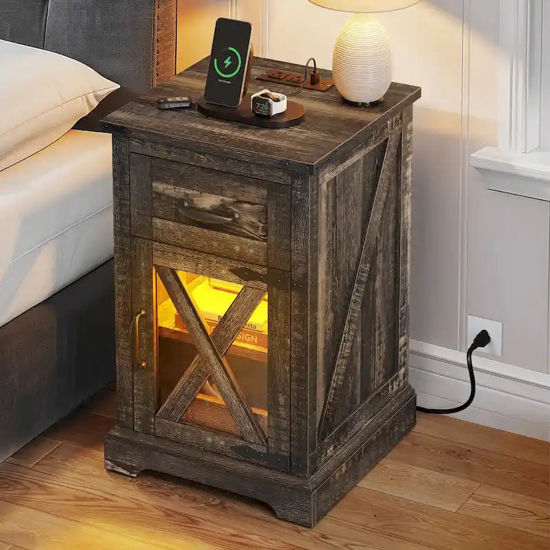 Table d'appoint LED avec étagère et tiroir, table de chevet avec station de recharge et prise de courant
