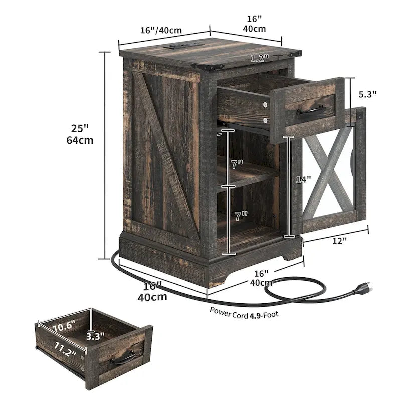 Table d'appoint LED avec étagère et tiroir, table de chevet avec station de recharge et prise de courant