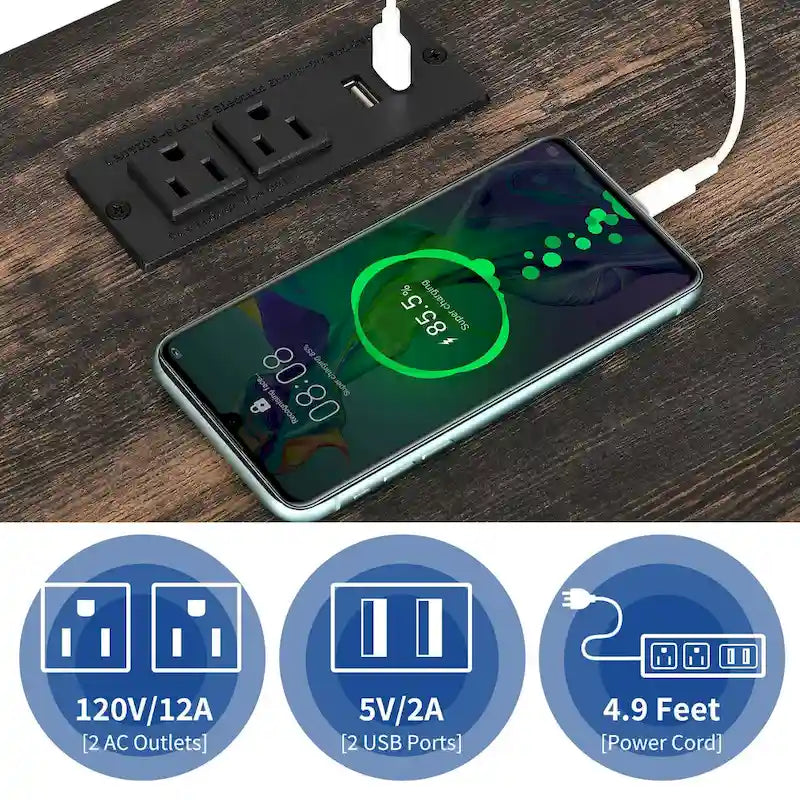 Table d'appoint LED avec étagère et tiroir, table de chevet avec station de recharge et prise de courant