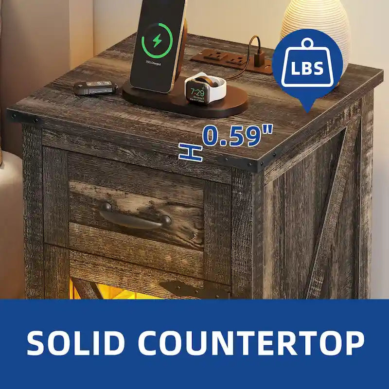 Table d'appoint LED avec étagère et tiroir, table de chevet avec station de recharge et prise de courant