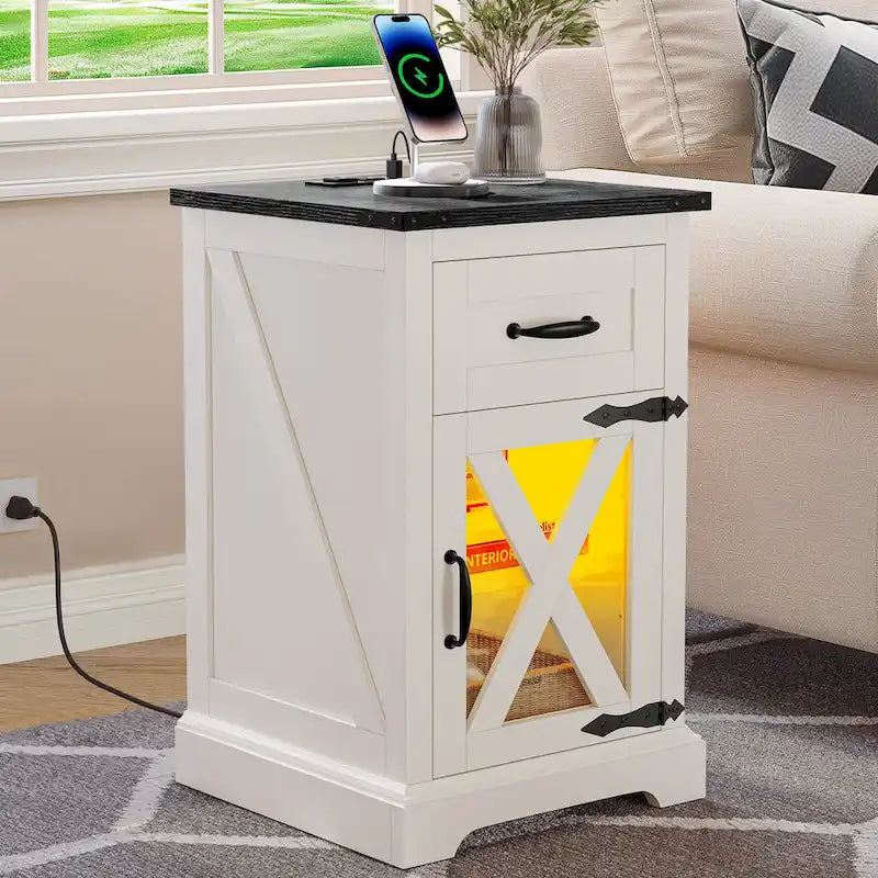 Table d'appoint LED avec étagère et tiroir, table de chevet avec station de recharge et prise de courant