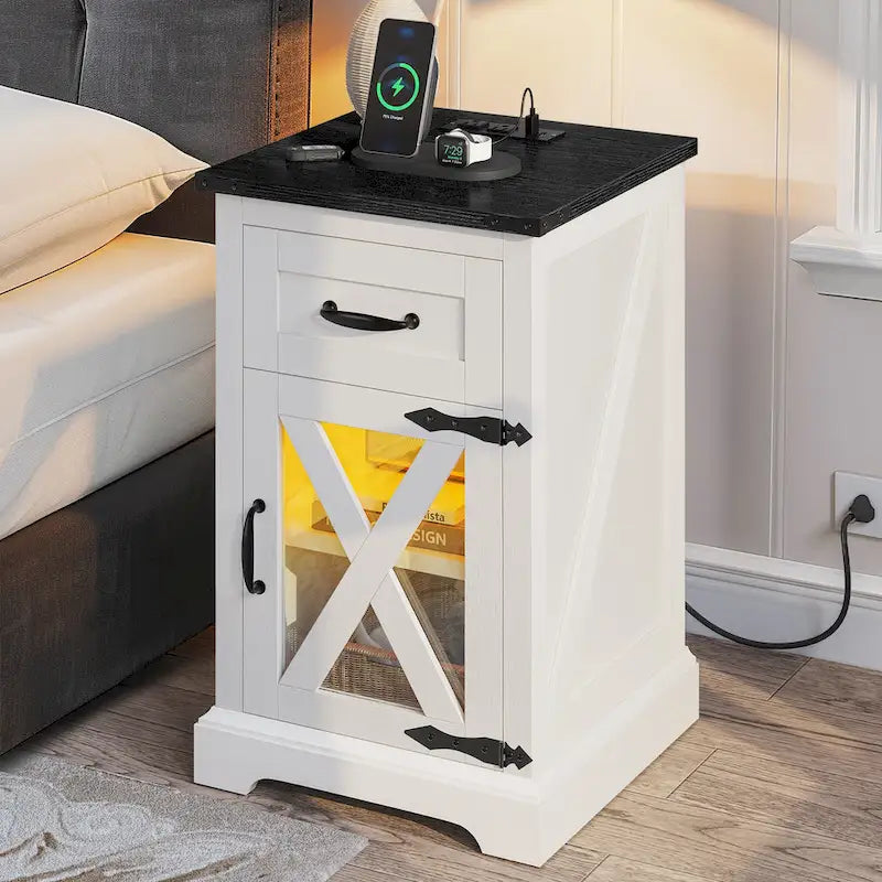 Table d'appoint LED avec étagère et tiroir, table de chevet avec station de recharge et prise de courant