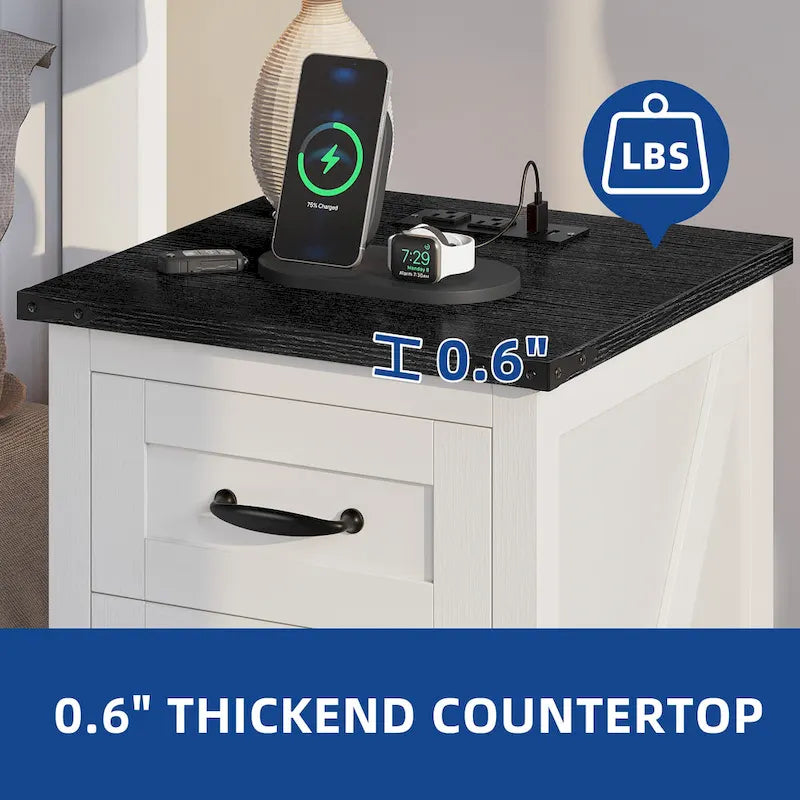 Table d'appoint LED avec étagère et tiroir, table de chevet avec station de recharge et prise de courant