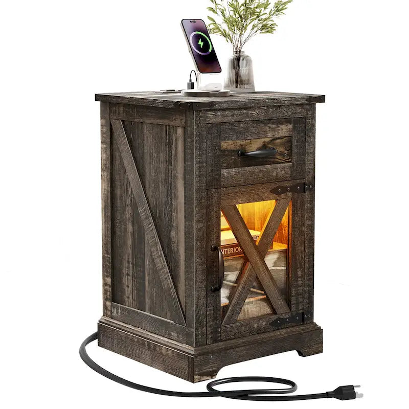 Table d'appoint LED avec étagère et tiroir, table de chevet avec station de recharge et prise de courant