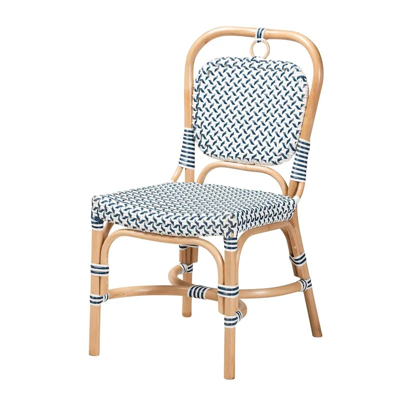 Chaise de bistrot moderne en rotin naturel, tissage bleu et blanc, style français