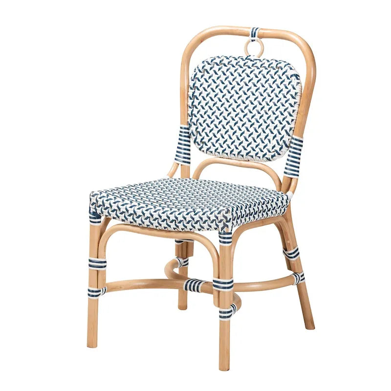 Chaise de bistrot moderne en rotin naturel, tissage bleu et blanc, style français