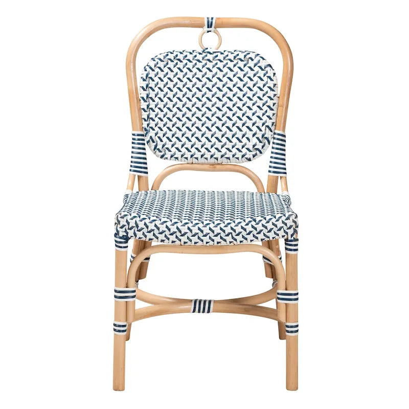 Chaise de bistrot moderne en rotin naturel, tissage bleu et blanc, style français